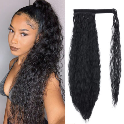 Perruque Queue de cheval pour femmes Cheveux longs bouclés Maïs Stigmate Ondulation de l’eau Commerce extérieur chaud Velcro Invisible Sans couture Sangle Queue de cheval haute